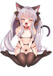 1girl :o animal_ear_fluff animal_ears bare_arms bare_shoulders between_legs bikini black_bikini bow breasts brown_legwear cat_ears cat_girl cat_tail choker closed_eyes collarbone facing_viewer fangs garter_belt grey_hair hair_bow halter_top halterneck highres long_hair maze_yuri navel no_shoes open_mouth original red_choker sitting skindentation small_breasts solo stomach strap_gap string_bikini swimsuit tail thighhighs tongue tongue_out twintails very_long_hair wariza 