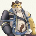  2022 anthro belly biped clothed clothing felid hi_res hitachi_(tamacolle) humanoid_hands inooka kemono male mammal overweight overweight_male pantherine solo tamacolle tiger white_body yellow_body 