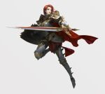  1girl absurdres armor armored_boots belt boots breasts brown_belt brown_eyes cape daeho_cha faulds full_body gauntlets gold_trim highres holding holding_shield holding_sword holding_weapon looking_away medium_breasts medium_hair official_art parted_lips r2m red_cape red_eyes red_hair red_lips shield shoulder_armor simple_background solo sword teeth thigh_boots weapon 