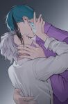  2boys absurdres azul_ashengrotto bangs black_hair blue_hair closed_eyes collared_shirt couple earrings face-to-face facing_another facing_down facing_up fingernails grey_background grey_hair hair_over_one_eye hand_on_another&#039;s_back hand_on_another&#039;s_chin hand_on_another&#039;s_ear hand_on_another&#039;s_neck hand_up height_difference highres hyakutennnn imminent_kiss jade_leech jewelry long_sleeves multicolored_hair multiple_boys profile purple_shirt reaching shirt short_hair streaked_hair twisted_wonderland upper_body white_shirt yaoi 