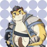  2022 anthro belly big_belly clothed clothing felid food hi_res hitachi_(tamacolle) humanoid_hands inooka kemono male mammal overweight overweight_male pantherine solo tamacolle tiger white_body yellow_body 
