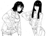  2girls abs absurdres alternate_costume arm_at_side bangs bb_(baalbuddy) breasts cleavage collarbone collared_jacket cowboy_shot cutoffs denim denim_jacket denim_shorts english_commentary hair_between_eyes highres hime_cut jacket jeans kill_la_kill large_breasts leaning_forward long_hair long_sleeves looking_at_viewer matoi_ryuuko medium_hair monochrome multicolored_hair multiple_girls open_clothes open_jacket pants shirt shirt_tucked_in short_shorts shorts simple_background sports_bra stomach streaked_hair tented_shirt toned two-tone_hair white_background wing_collar 