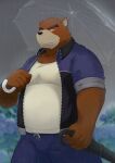  2022 absurd_res anthro belly big_belly black_nose bottomwear brown_body clothing detailed_background hi_res humanoid_hands juuichi_mikazuki kemono male mammal morenatsu outside overweight overweight_male pants raining ry_o shirt solo topwear umbrella ursid video_games visual_novel 