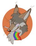  anthro bodypaint brown_body brown_fur cackling-beast canid canine canis coyote daydream_(cackling-beast) eyes_closed face_paint flag_in_mouth fur headshot_portrait hi_res lgbt_pride male mammal portrait pride_color_flag solo 