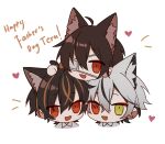  :3 ahoge animal_ear_fluff animal_ears bangs black_hair cat_ears chibi collared_shirt english_text eyepatch father&#039;s_day green_eyes hand_on_another&#039;s_head heart heterochromia highres indie_virtual_youtuber multicolored_hair ookami_ciro original otozuki_teru_(character) red_eyes shirt simple_background slit_pupils streaked_hair white_hair 