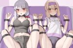  2girls bangs blush breasts fate/grand_order fate_(series) hairband highres kama_(fate) kopaka_(karda_nui) large_breasts long_hair looking_at_viewer multiple_girls open_mouth purple_hairband red_eyes restrained sidelocks sitonai_(fate) small_breasts thighs white_hair 
