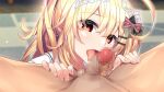  1boy 1girl ahoge bangs black_bow blonde_hair blurry blurry_background bow censored fellatio game_cg hair_between_eyes hair_bow hair_ornament hetero honda_tamanosuke licking licking_penis long_hair mosaic_censoring oral penis portrait pov re:d_cherish red_bow red_eyes rouge_wentworth shiny shiny_hair spread_legs striped striped_bow tongue tongue_out 