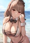  1girl :o azur_lane bangs bare_shoulders bikini black_bow black_bowtie blurry blurry_background bow bowtie breasts brown_hair cleavage covered_nipples cowboy_shot day depth_of_field detached_collar hair_ornament hand_up highres horizon kanata_(kanade_pa) large_breasts leaning_forward long_hair maid_headdress navel ocean official_alternate_costume open_mouth outdoors red_eyes see-through swiftsure_(azur_lane) swiftsure_(midsummer_special_service)_(azur_lane) swimsuit water_drop wet white_bikini wrist_cuffs x_hair_ornament 