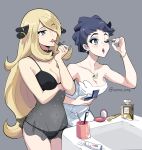  2girls applying_makeup arm_under_breasts babydoll bare_shoulders black_babydoll black_hair black_nails black_panties blonde_hair blue_eyes bottle breasts cleavage collarbone compact_(cosmetics) cosmetics covered_navel cynthia_(pokemon) diantha_(pokemon) earrings eyelashes eyeshadow fur_collar gold_bracelet goro_orb grey_background grey_eyes hair_ornament hair_over_one_eye highres holding holding_lipstick_tube jewelry large_breasts lipstick_tube long_hair makeup medium_breasts multiple_girls naked_towel necklace open_mouth panties parted_lips perfume_bottle pokemon pokemon_(game) pokemon_dppt pokemon_xy red_lips short_hair sink spaghetti_strap toothbrush towel underwear underwear_only very_long_hair 