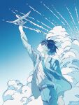  1boy absurdres aircraft airplane arm_up artist_name black_hair blue_theme cloud day glasses highres horikoshi_jirou kaze_tachinu lamer_o_n male_focus model_airplane necktie outdoors pants shirt short_hair white_shirt 