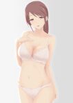  1girl 1mm_(norizo) bra breasts brown_hair cleavage collarbone cowboy_shot groin hand_on_own_chest highres idolmaster idolmaster_cinderella_girls lace-trimmed_bra lace-trimmed_panties lace_trim light_smile looking_at_viewer mifune_miyu navel panties ponytail red_eyes simple_background solo underwear underwear_only white_bra white_panties 