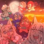  &gt;_&lt; 6+girls ahoge among_us animal_ears axe azki_(hololive) beret black_hair blue_hair bob_cut braid chibi cosplay crewmate_(among_us) crewmate_(among_us)_(cosplay) dual_wielding facial_hair fox_ears ghost golden_kamuy hakui_koyori hat head_wings heart heart_ahoge highres holding hololive hoshimachi_suisei houshou_marine kitchen_knife kneeling long_hair molten_rock multiple_girls mustache own_hands_together pink_hair protecting red_hair sakura_miko shiraishi_yoshitake shirakami_fubuki shirogane_noel sideburns takane_lui twintails virtual_youtuber wakatsuki_misato white_hair yukihana_lamy 