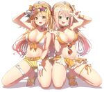  2girls :d absurdres bangs blonde_hair blunt_bangs breasts bridal_garter fingerless_gloves gloves green_eyes highres hololive large_breasts long_hair looking_at_viewer momosuzu_nene multiple_girls murakami_ryouga navel open_mouth pink_hair shorts simple_background smile thigh_strap v white_background white_gloves yellow_eyes yellow_shorts yozora_mel 