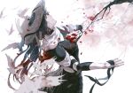  1boy arknights bird blood blood_on_clothes blood_splatter branch cherry_blossoms cloak dark_blue_hair feet_out_of_frame from_side hat highres impaled long_hair looking_up male_focus mr._nothing_(arknights) multicolored_hair red_hair rencanzaoganshiwusuo sitting solo straw_hat streaked_hair two-tone_hair 