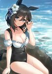  1girl animal_ears arm_at_side bangs bare_shoulders black_choker black_hair black_swimsuit blue_eyes blush breasts casual_one-piece_swimsuit choker cleavage closed_mouth collarbone day detached_sleeves eishin_flash_(umamusume) feet_out_of_frame flower frilled_sleeves frills hair_between_eyes hair_flower hair_ornament hibiscus horse_ears horse_girl horse_tail iro_178 large_breasts looking_at_viewer one-piece_swimsuit outdoors puffy_short_sleeves puffy_sleeves rock short_hair short_sleeves sitting smile solo star_(symbol) swimsuit tail tail_through_clothes thighs twitter_username umamusume water white_flower 