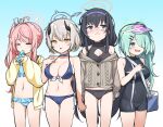  4girls ahoge alternate_costume asymmetrical_bangs bag bangs bikini black_bikini black_hair blue_archive blue_bikini blue_eyes blush breasts cleavage closed_eyes cowboy_shot eating food frilled_bikini frills front-tie_bikini front-tie_top green_hair hair_ornament hair_over_one_eye hairband halo halterneck highres hiyori_(blue_archive) horns konnyaku_(kk-monmon) large_breasts light_green_hair long_hair multiple_girls natsu_(blue_archive) navel one-piece_swimsuit open_mouth pink_hair sena_(blue_archive) short_hair side_ponytail small_breasts string_bikini sweater swimsuit swimsuit_under_clothes tupet ui_(blue_archive) very_long_hair visor_cap yellow_eyes 