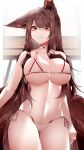  1girl absurdres akagi_(azur_lane) animal_ears azur_lane bangs bare_shoulders bikini blush breasts brown_eyes brown_hair choker commentary cowboy_shot fox_ears groin highres large_breasts long_hair looking_at_viewer navel samip side-tie_bikini smile solo standing stomach swimsuit thighs very_long_hair white_bikini 