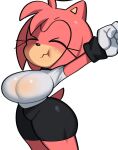  2022 amy_rose anthro big_breasts big_butt bottomwear breasts butt clothed clothing eulipotyphlan eyes_closed female fiinel gloves handwear hedgehog hi_res mammal pink_body puffed_cheeks sega simple_background solo sonic_the_hedgehog_(series) topwear white_background 