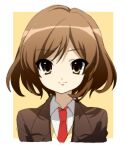  1girl bangs blazer brown_eyes brown_hair brown_jacket closed_mouth commentary_request jacket kuuma25_kuma necktie red_necktie sasaki_(suzumiya_haruhi) shirt sketch smile solo suzumiya_haruhi_no_yuuutsu upper_body white_shirt 