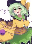  1girl black_headwear blush bow breasts green_eyes green_hair green_skirt half-closed_eyes hat hat_bow heart heart_of_string highres komeiji_koishi large_breasts long_sleeves open_mouth polyhedron2 shirt short_hair simple_background skirt smile solo third_eye touhou white_background wide_sleeves yellow_bow yellow_shirt 