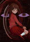  1girl abstract_background bangs braid brown_hair closed_eyes extra_eyes io_(onisarashi) long_hair madotsuki pink_shirt red_footwear red_skirt red_theme shirt skirt socks solo twin_braids white_legwear yume_nikki 