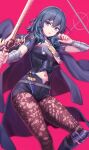  1girl armor bangs blue_eyes blue_hair byleth_(fire_emblem) byleth_(fire_emblem)_(female) cape deadnooodles fire_emblem fire_emblem:_three_houses gloves highres holding holding_sword holding_weapon long_sleeves looking_at_viewer medium_hair navel open_mouth pantyhose shorts simple_background solo sword sword_of_the_creator weapon 
