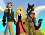  anthro armor battycat canid canine canis charlotte_(battycat) domestic_cat domestic_dog felid feline felis female female/female group hand_holding herbert_(battycat) looking_up male male/female mammal mustela mustelid musteline redraw screencap smile sunny_(battycat) tangled:_the_series trio true_musteline 