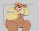  2022 animal_crossing anthro belly big_belly black_nose blush brown_body brown_fur clothed clothing distracting_watermark eyes_closed food fur hi_res humanoid_hands jockstrap male mammal mrtuminator navel nintendo overweight overweight_male raised_clothing raised_shirt raised_topwear shirt sitting solo teddy_(animal_crossing) topwear underwear ursid video_games watermark 