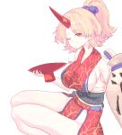  1girl alternate_costume bangs blonde_hair breasts highres horns hoshiguma_yuugi large_breasts long_hair one_eye_closed parted_bangs red_eyes red_horns sideboob sidelocks single_horn solo sunnysideup touhou 