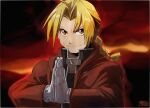  1boy ahoge blonde_hair closed_mouth coat edward_elric fullmetal_alchemist gloves long_hair looking_at_viewer male_focus open_clothes open_coat orange_eyes osanpogakari own_hands_together red_coat signature smile solo upper_body white_gloves 