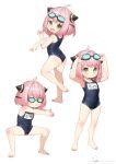  1girl ahoge anya_(spy_x_family) ass blush child cone_hair_bun goggles goggles_on_head green_eyes hair_bun highres multiple_persona one-piece_swimsuit open_mouth pink_hair ryota_(ry_o_ta) school_swimsuit short_hair smile spy_x_family stretch swimsuit white_background 