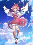  1girl :d animal_ears bird_ears bird_wings black_footwear blush brown_dress brown_headwear brown_legwear dress elise_(piclic) falling_petals frilled_dress frilled_sleeves frills full_body hair_between_eyes highres kneehighs long_sleeves mystia_lorelei open_mouth petals pink_hair red_eyes shoes short_hair smile solo touhou white_wings winged_hat wings 