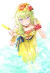  1girl adjusting_hair arm_wrap bangs bow breasts collarbone feet_out_of_frame flower flower_bracelet food from_above fruit green_hair hair_flaps hair_flower hair_ornament hairband hands_up hibiscus highres kusanagi_nene lemon lemon_slice long_hair looking_at_viewer looking_up midriff minori_(faddy) off_shoulder popsicle project_sekai purple_eyes red_flower short_sleeves skirt skirt_set solo striped striped_bow tassel tongue tongue_out wading water wet wet_hair white_background yellow_skirt 