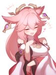  1girl 21038bite_pen animal_ears arm_under_breasts bare_shoulders blush breasts closed_eyes earrings fang floppy_ears fox_ears genshin_impact hair_between_eyes hair_intakes hand_on_own_chest heart highres jewelry laughing long_hair nontraditional_miko open_mouth pink_hair sidelocks simple_background skin_fang turtleneck upper_body white_background wide_sleeves yae_miko 