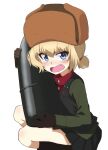  1girl alternate_hairstyle bangs black_footwear black_gloves black_skirt black_vest blonde_hair blue_eyes blush boots brown_headwear commentary cosplay fang frown fur_hat girls_und_panzer gloves green_jacket hair_tie hat highres holding jacket katyusha_(girls_und_panzer) kayabakoro long_sleeves looking_at_viewer low_twintails military military_uniform miniskirt nina_(girls_und_panzer) nina_(girls_und_panzer)_(cosplay) open_mouth pleated_skirt pravda_military_uniform red_shirt shirt short_hair short_twintails simple_background skirt solo squatting tank_shell textless_version turtleneck twintails uniform ushanka vest white_background 