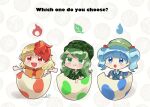  3girls :d :o animal_on_head bangs bird bird_on_head blonde_hair blue_hair blunt_bangs camouflage camouflage_headwear chick egg english_text fire flat_cap geminico green_headwear grin hair_bobbles hair_ornament hat hatch highres kawashiro_nitori key leaf multicolored_hair multiple_girls niwatari_kutaka on_head open_mouth pokemon red_hair short_hair signature simple_background smile starter_pokemon_trio touhou two-tone_hair two_side_up water_drop white_background yamashiro_takane 