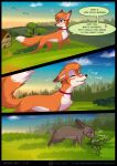  &lt;3 ambient_bird avian bird black_nose blue_eyes breath canid canine collar comic duo eating english_text eyes_closed female feral forest fox fur hi_res lagomorph leporid mammal miyuki_(rukifox) orange_body orange_fur outside plant rabbit red_fox rukifox scut_tail short_tail sniffing text tree wind 