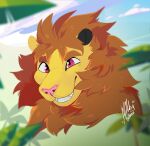  anthro detailed_background felid forest forest_background hair hi_res lion male mammal mattiyyah_lion nature nature_background orange_hair pantherine pink_eyes pink_nose plant sky_lutor solo tree 