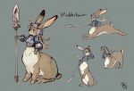  1girl :&lt; animal_ears armor body_fur bottomless breastplate brown_fur brown_hair curtsey furry helmet highres k725 long_hair multiple_views original pauldrons polearm rabbit_ears rabbit_girl rearing running shoulder_armor signature spear taur weapon 