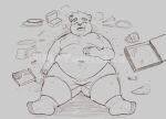  2022 anthro belly big_belly bottomwear clothing distracting_watermark eyes_closed hi_res lying male mammal moobs mrtuminator navel nipples obese obese_male overweight overweight_male pizza_box pizza_slice shorts solo ursid watermark 