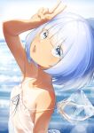 1girl absurdres bangs bare_shoulders blue_eyes blue_hair cirno dress eyes_visible_through_hair fang flat_chest flower hidden_star_in_four_seasons highres ice ice_wings light_blue_hair looking_at_viewer morning_glory ri-el short_hair solo strap_slip tan tanlines tanned_cirno touhou v water white_dress wings 