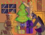  absurd_res anthro building canid canine canis christmas christmas_clothing christmas_decorations christmas_lights christmas_present christmas_tree clothing detailed_background felid group hi_res holidays house lion lutor male male/male mammal pantherine plant sky tiger tree trio winter wolf yluk 