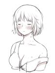  1girl bangs bare_shoulders blush breasts cleavage closed_eyes commentary dungeon_meshi falin_thorden hickey highres monochrome off_shoulder sami_(3a3i3a3i) short_hair simple_background sleeveless solo sweat untied upper_body 