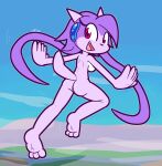  2022 2_horns 3_toes 5_fingers anthro anus barely_visible_anus black_pupils breasts dragon feet female fingers freedom_planet genitals hair hi_res horn jumping looking_back medium_breasts motion_lines nude outside pink_eyes pink_horn pupils purple_body purple_hair purple_scales pussy rear_view sash_lilac scales scalie smile smirk solo spread_arms toes ultilix video_games white_body white_scales 