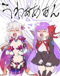 2girls bb_(fate) breasts crying fate/grand_order fate_(series) gloves hair_ribbon halo highres kama_(beast_iii/l)_(fate) kama_(fate) kimidorix32 large_breasts long_hair multiple_girls navel purple_hair ribbon starry_hair thighhighs very_long_hair white_gloves white_hair wide_sleeves 