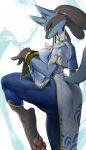  absurd_res blue_body blue_fur breasts canid canine claws clothing female fur hi_res looking_at_viewer lucario mammal nintendo pawpads pok&eacute;mon pok&eacute;mon_(species) raised_leg red_eyes smile solo video_games yuio 