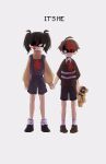  1boy 1girl black_hair blood blood_on_face blue_shorts brown_hair cassidy_(fnaf) crying_child_(fnaf) five_nights_at_freddy&#039;s highres holding holding_hands holding_stuffed_toy medium_hair shirt short_hair shorts striped striped_shirt stuffed_animal stuffed_toy suspender_shorts suspenders sweater teddy_bear turtleneck twintails yellow_sweater 