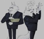  anthro arctic_wolf canid canine canis clothed clothing eating fully_clothed hi_res illumination_entertainment jimmy_crystal knife male mammal necktie qende sing_(movie) solo speech_bubble suit text wolf 