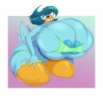  anthro areola avian beak big_breasts bikini bird black_eyes blue_areola blue_body blue_hair breasts clothing female hair half-closed_eyes hand_on_leg harvey_beaks harvey_beaks_(series) hi_res huge_breasts huge_thighs hyper hyper_breasts kneeling miriam_beaks narrowed_eyes non-mammal_breasts open_beak open_mouth sbshouseofpancakes solo swimwear thick_thighs 