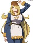 1girl alternate_costume apron arm_up belt blonde_hair blue_headwear blue_jumpsuit breasts commentary_request cosplay cowboy_shot cynthia_(pokemon) flat_cap ginkgo_guild_uniform grey_eyes hair_over_one_eye half-closed_eye hat hat_tip highres jumpsuit large_breasts long_hair long_sleeves looking_at_viewer oyasu_(kinakoyamamori) pokemon pokemon_(game) pokemon_dppt pokemon_legends:_arceus simple_background smile solo very_long_hair volo_(pokemon) volo_(pokemon)_(cosplay) white_background wide_hips 